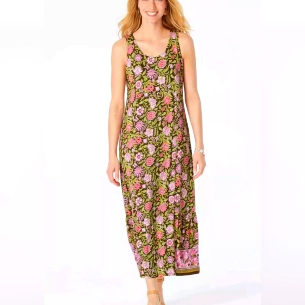J Jill Sleeveless Maxi Tank Dress Beechnut Floral Jersey Knit Stretch Sz Sm NWT